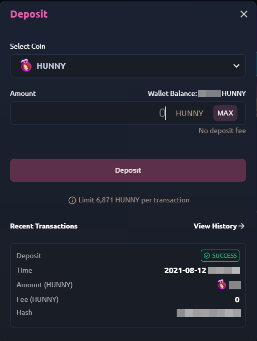 HunnyPlay Deposit - Confirm the transaction in your wallet
